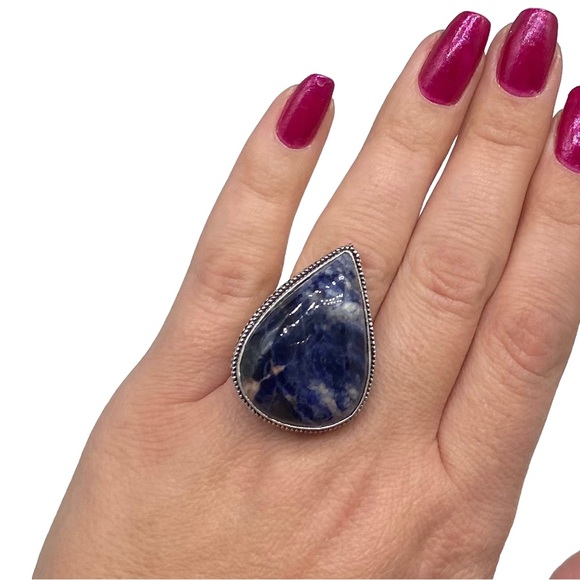 Artisan Jewelry - Blue Sodalite Ring Size 8 Natural Stone Crystal Sterling Silver 925 Boho Chunky